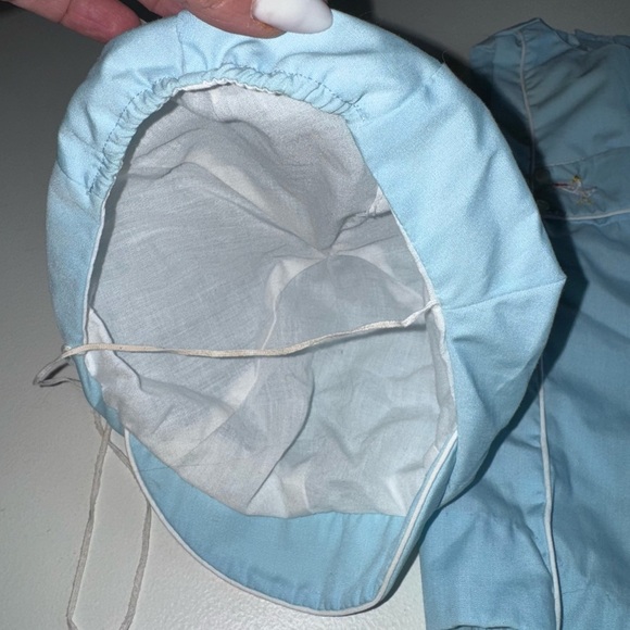 Vtg Baby Outfit romper Light Blue Doll white with hat and booties -Japan - Picture 9 of 10